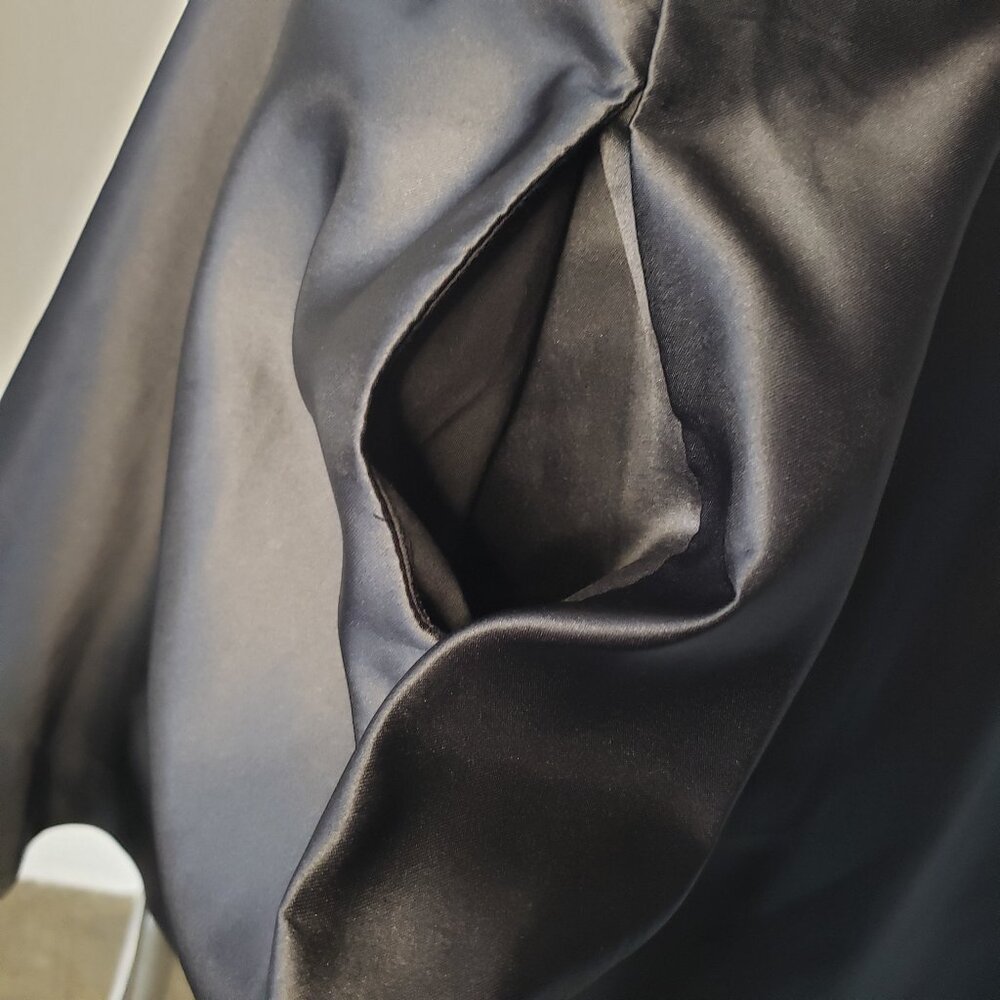 Shiny Black Satin Commense Flare Skirt Dress w Apron Front + Neck Ribbon - Picture 16 of 16